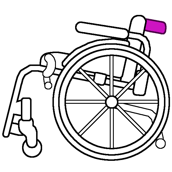 A black and white rigid wheelchair in profile with a bright pink push handle.